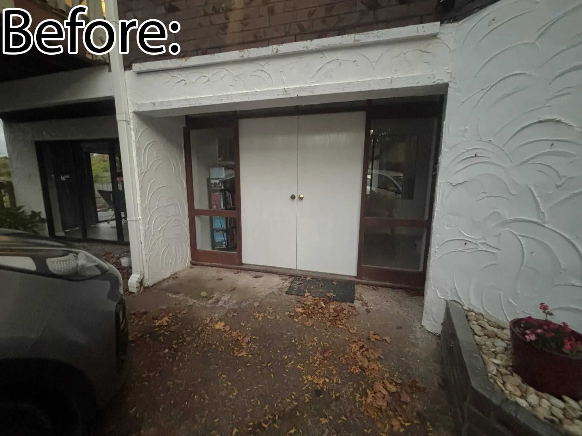 Selwyn Road entrance before: old double doors with brown timber frames
