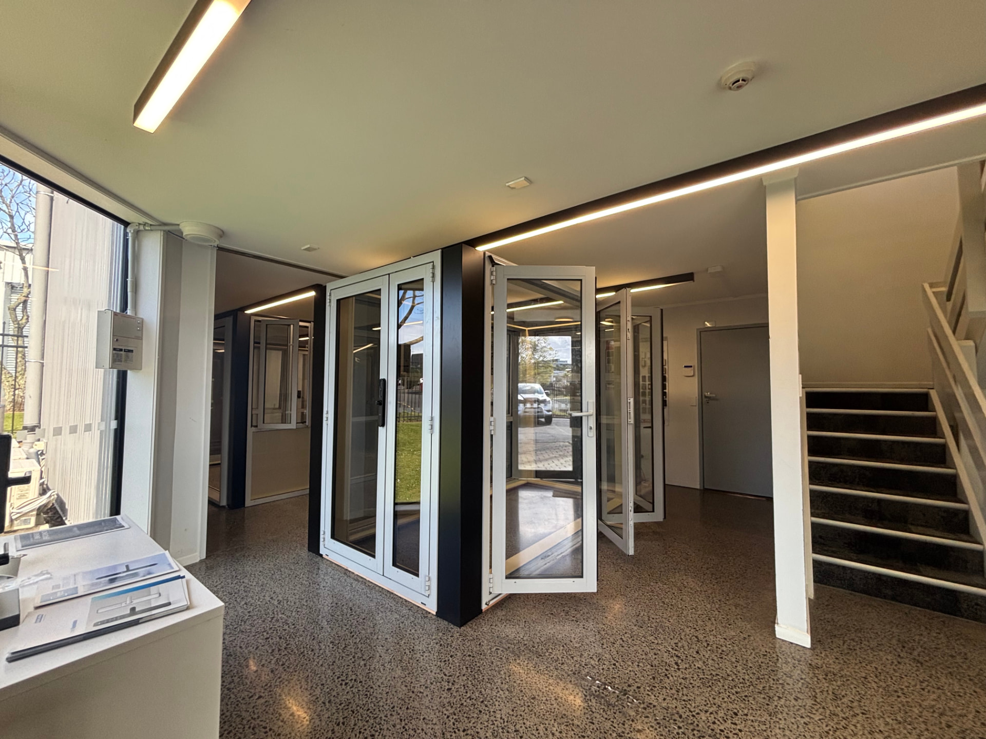Fairview North Shore showroom with entrance doors and hardware displays