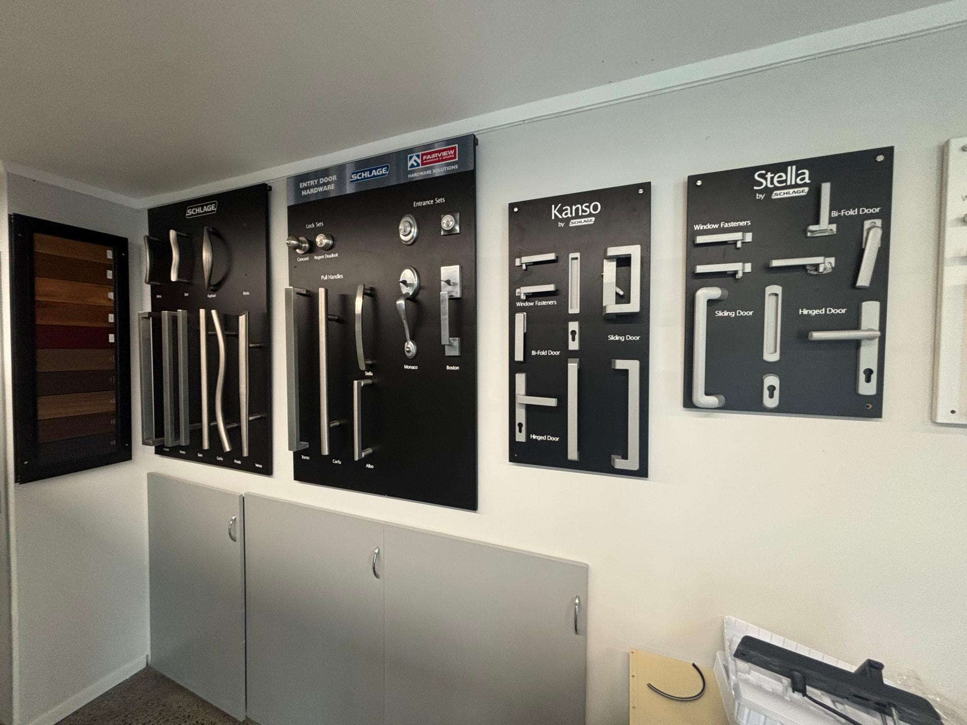 Fairview North Shore showroom wall of Schlage, Kanso and Stella door hardware