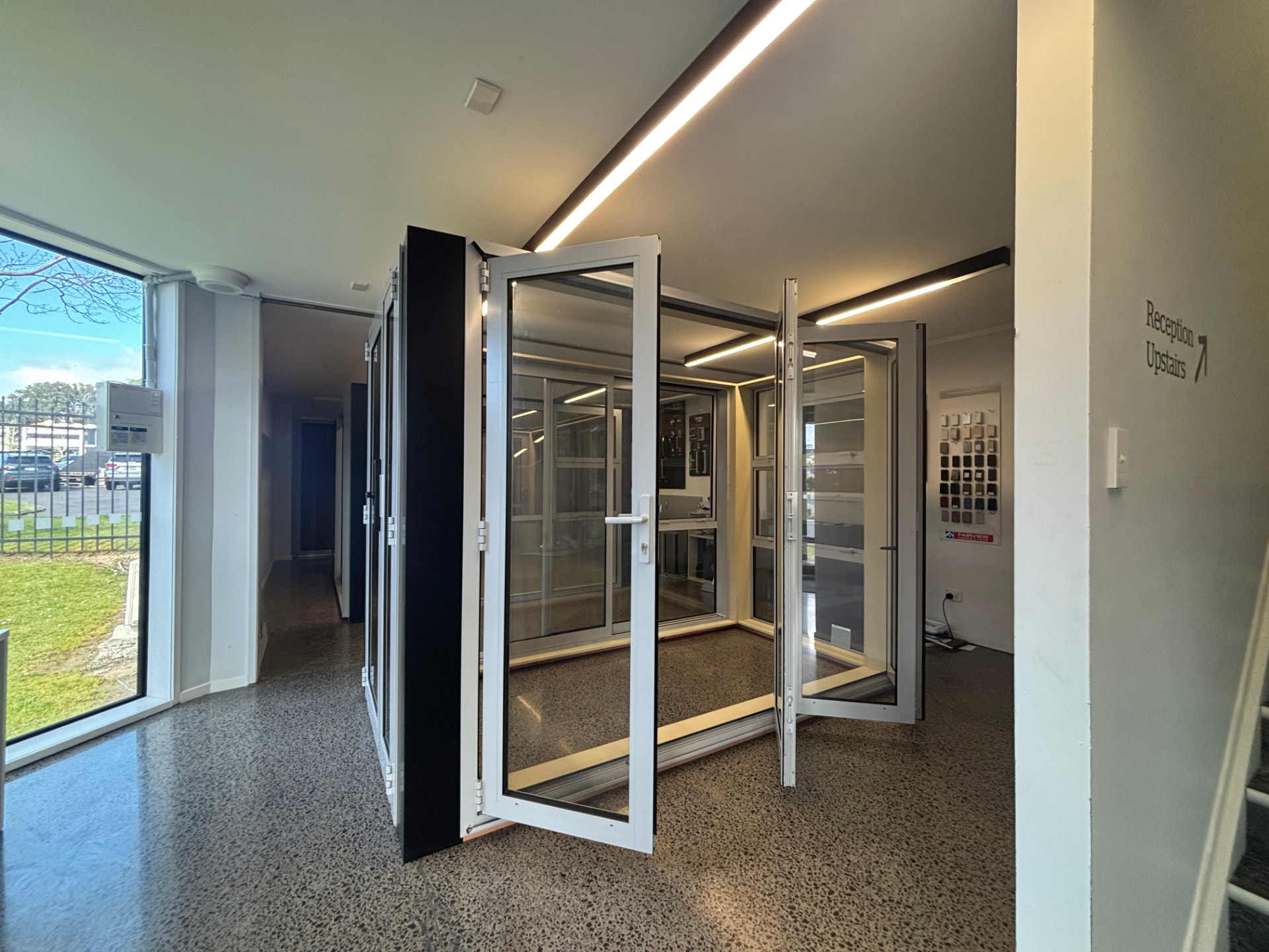 Fairview North Shore showroom displaying bi-fold doors open in the entryway