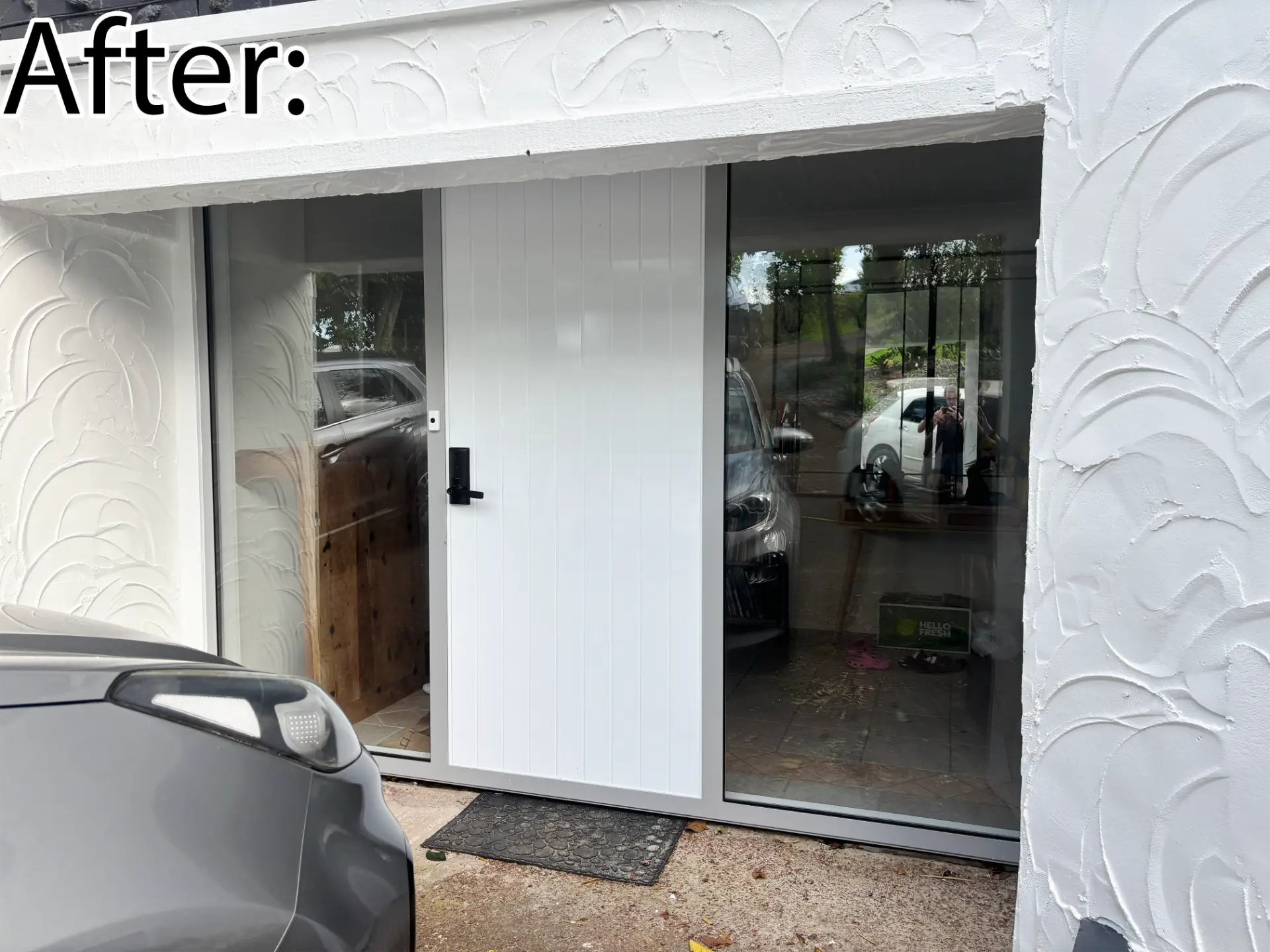 Selwyn Road entrance after: white panel entrance door with digital lock and side glazing